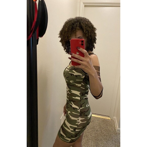 Toxic-Green/Brown-Body Con-Mini Camo Dress-with Distressed Mesh Sleeves-Lg.-Used - Picture 2 of 15